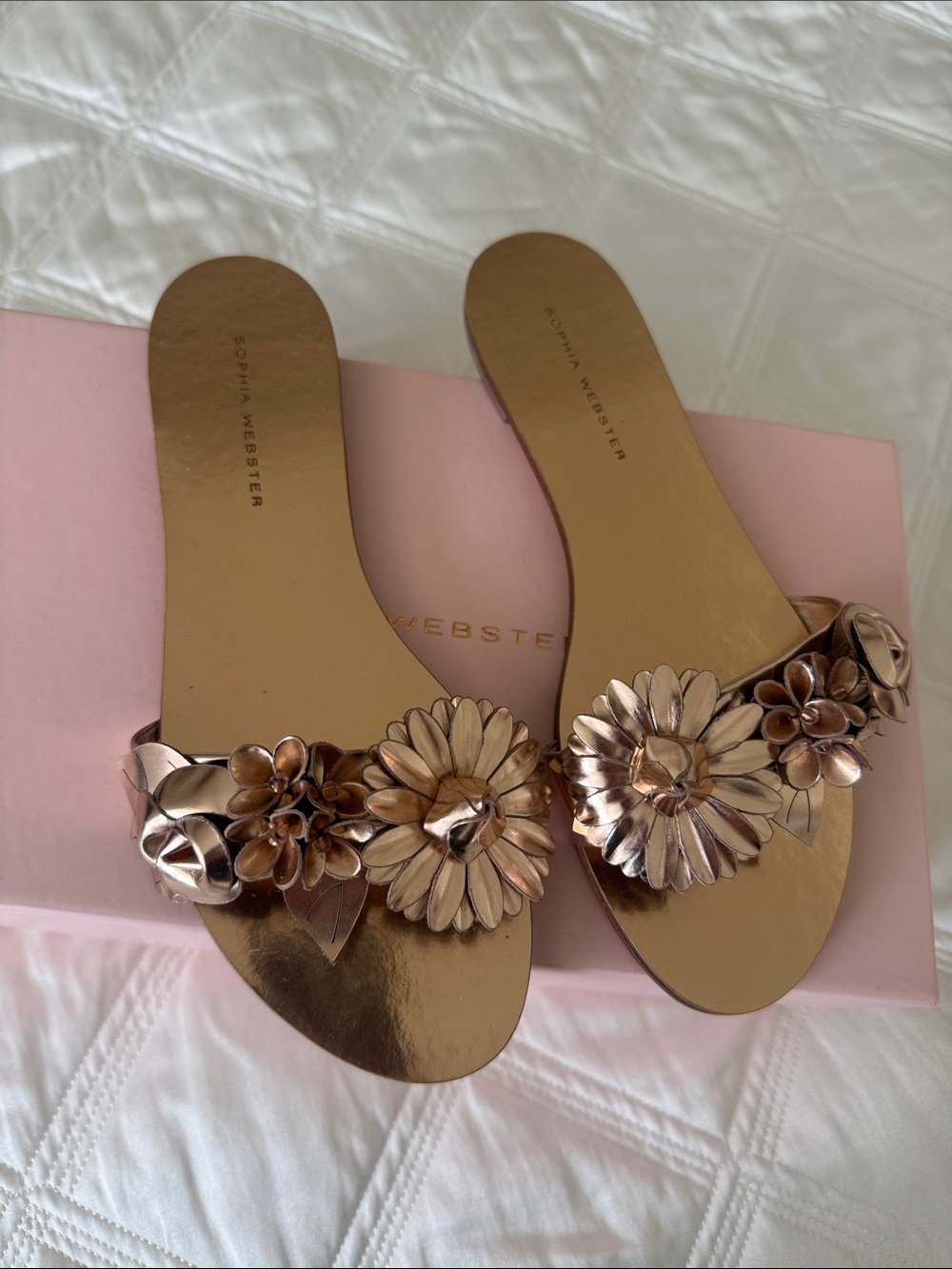 Sophia Webster Metallic Floral Slide Sandals in Rose Gold